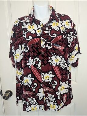 Vintage Island Stuff Barbados Hawaiian Shirt Mens L Maroon Red Surfboard Aloha
